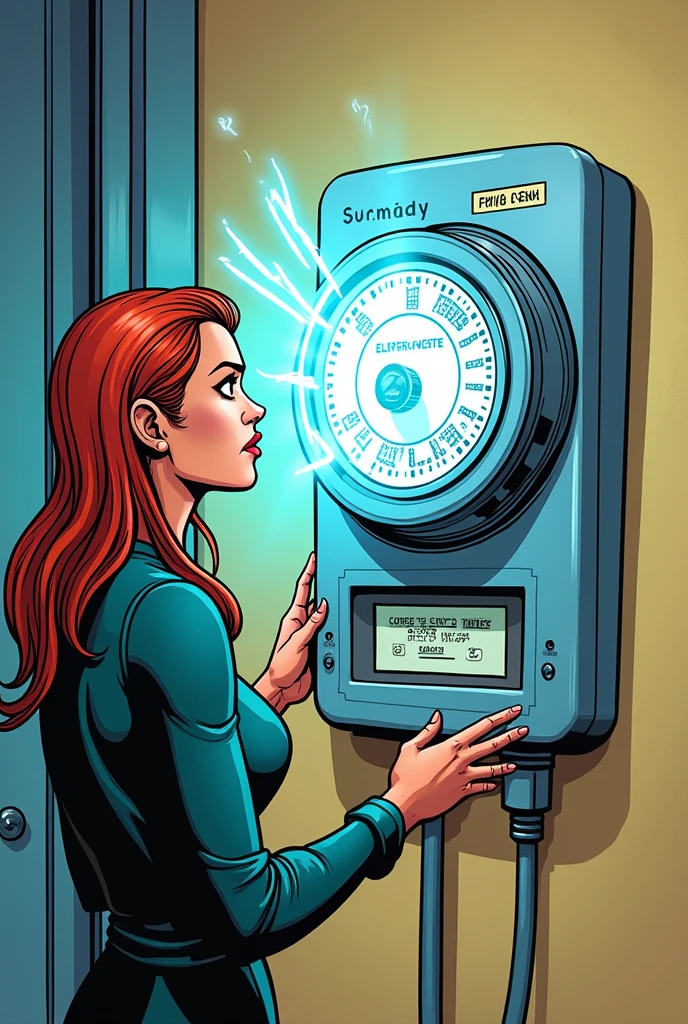 Comic book style vignette 3:
Electra muestra a Pike un contador de energía que gira rápidamente.
Electra: "Every appliance you leave on consumes electricity. That means more expense for your family and more damage to the planet.."
Pike: "I hadn't realized that!"