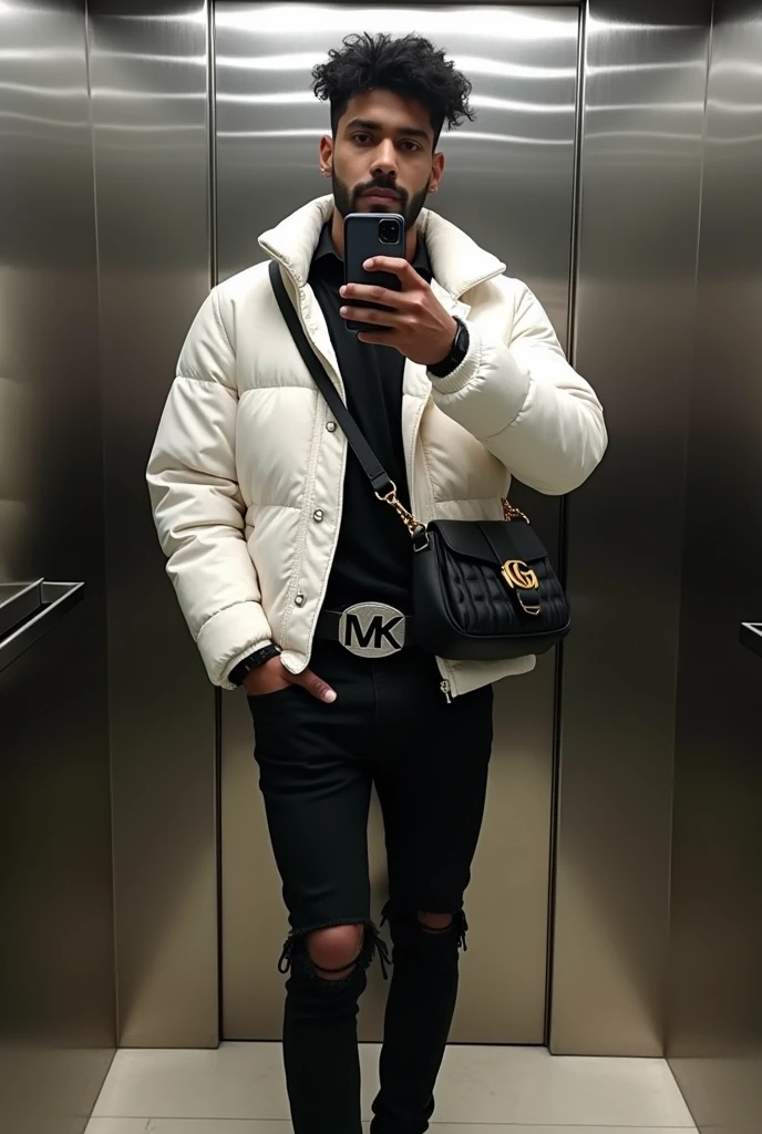 Man hindu with hairstyle “curtains”, dressed in white air force, nlack ripped jeans, buttoned black puffer jacket, Belt with MK buckle and gucci shoulder bag, he must to take a picture of himself in the mirror of lift