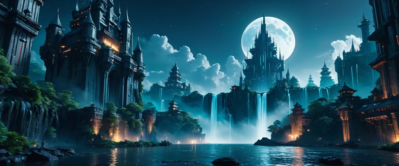 night scene,Full Moon Night,Giant castle floating in the sky high rise building cyberpunk alien world fantasy high quality ultra high definition utopia 8K giant waterfall nature