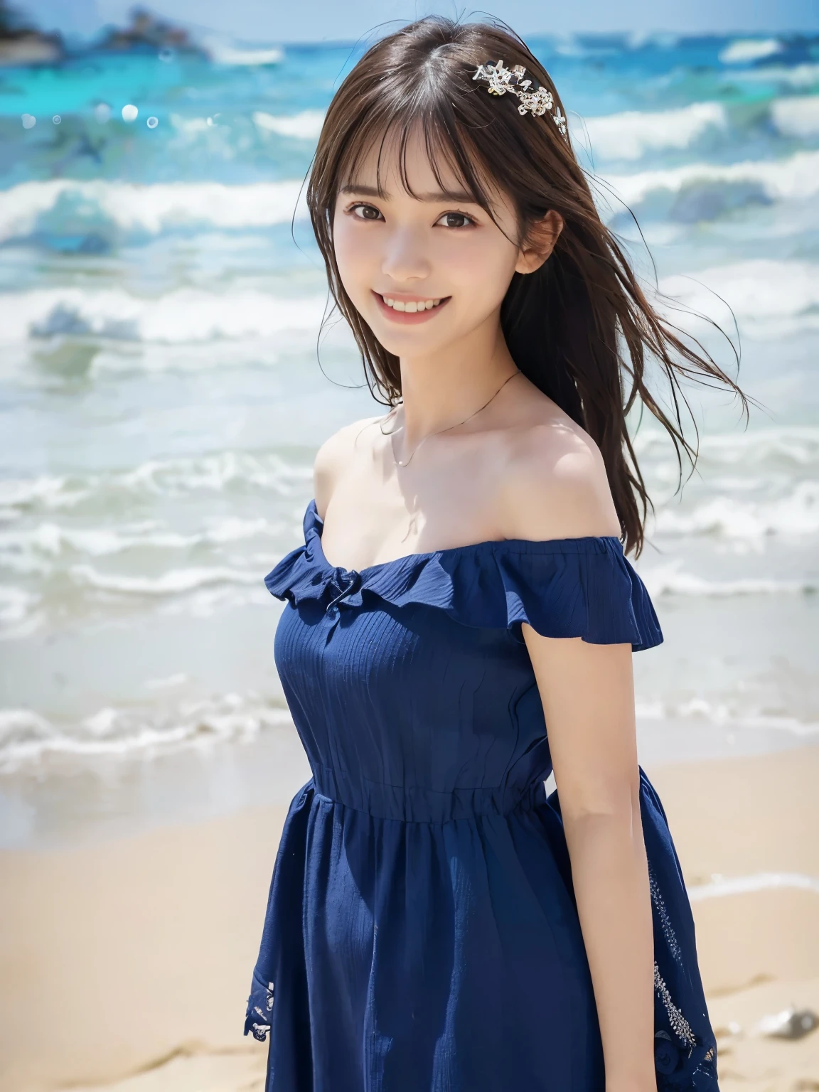 girl, smile, Blue off-shoulder dress, Medium Hair, Large Breasts, View your viewers, Beach, Blurred background breaking
((Photographed from below the front:1.2)), ((8k, Very detailed, Accurate, Highest quality, Award-winning, masterpiece:1.3)), (Photographic realism:1.4), Textured skin, Anatomically correct, concentrated:1.2, Perfect Body Beauty:1.4, Photographic realism,