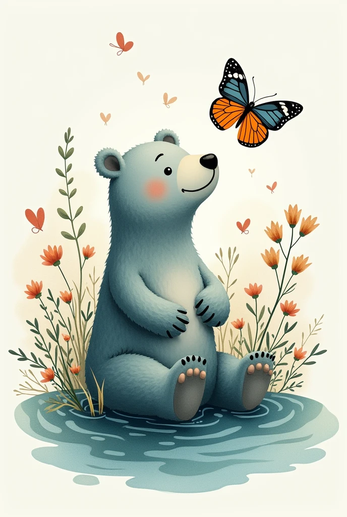 A natural and charming print that fuses elements of nature: Water, butterfly and bear, to create a harmonious and attractive design