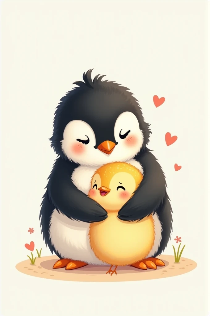 An animated image of a little penguin showing love and hugging a little chick 
