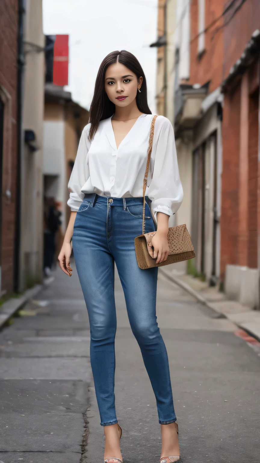 (((Shin-length skinny jeans)))、One Japanese woman、30 years old、(Full body photo:1.4)、Walking towards here、Wearing a white blouse、Strap Pin Heel、background:Alley、Detailed eyes、Accurate line of sight、first-person view, uhd, anatomically correct, super detail, high details, best quality, 16K