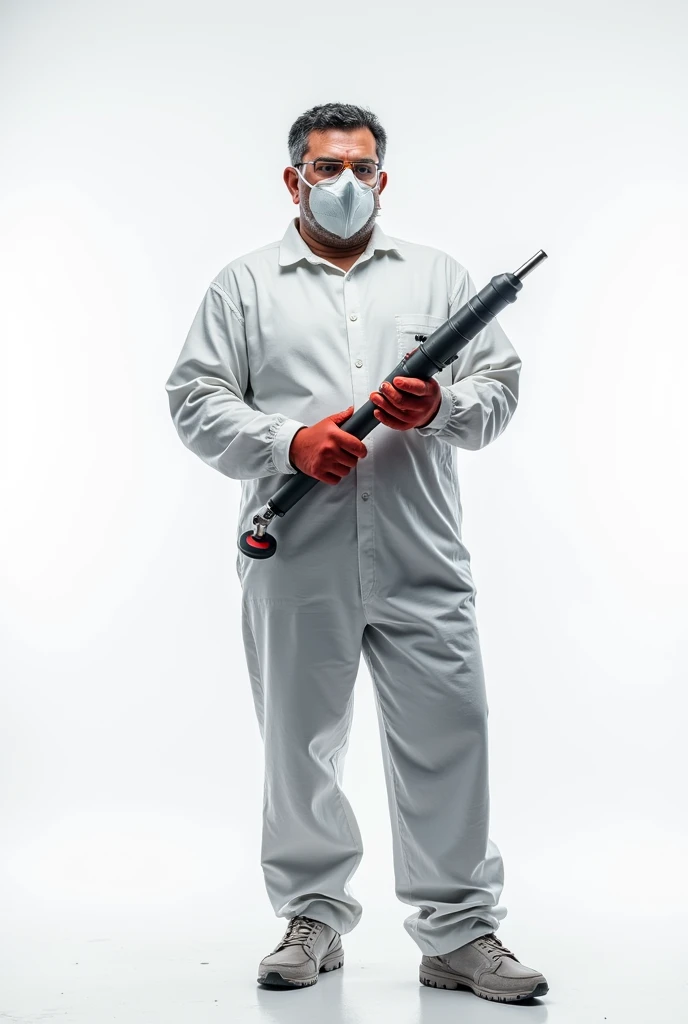 A car painter with his painting torch, with its security measures in, con su mameluco blanco a Whole body , your safety mask , glasses and latex gloves ,  Whole body,  on white background  
