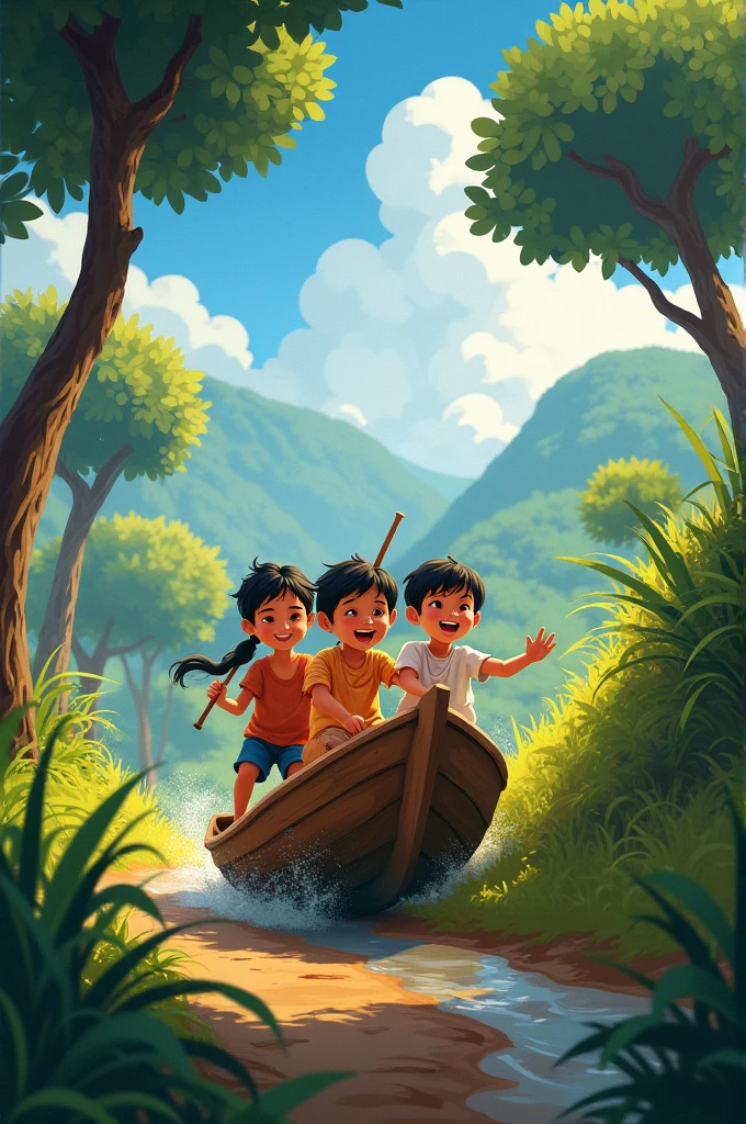 Children in a yagua going down a hill