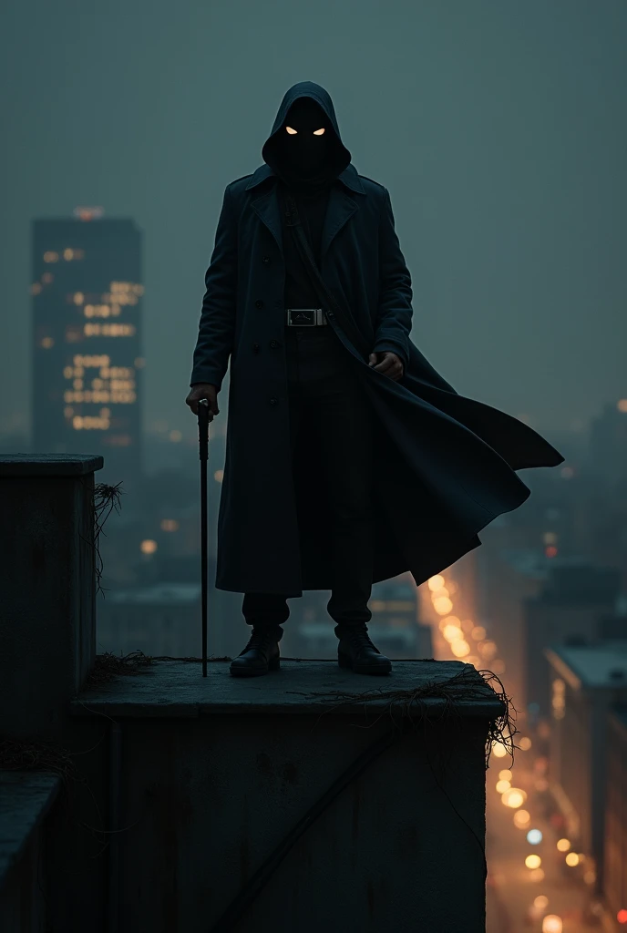 Create an image of a nocturnal vigilante, a solitary man patrolling an urban city. He stands atop an old building, with the city stretching out below, filled with lights and shadows. He wears a long black overcoat that flows discreetly in the wind. His mask is simple and functional, covering only the upper half of his face, but revealing his watchful eyes. Instead of traditional weapons, he carries a retractable cane in one hand, which can also be used as a tool. His belt isn’t for gadgets, but to store small tools and safety equipment, like ropes and flashlights. The scene is dark, illuminated only by the faint light of street lamps and distant windows, creating an atmosphere of mystery and tension, where the vigilante seems to be part of the very shadows that surround him.