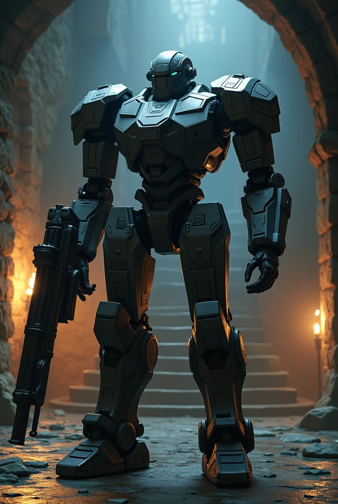 (Artwork:1.2), (best quality:1.2), 8k, HDR, ultra detaild, ((photorrealistic)), professional light, cinematic lighting, fashion shooting, ambient lighting, fund, a dark medieval dungeon, darkness, epic photo, fire, staircase, A war robot, has no arms weapons instead of arms ,