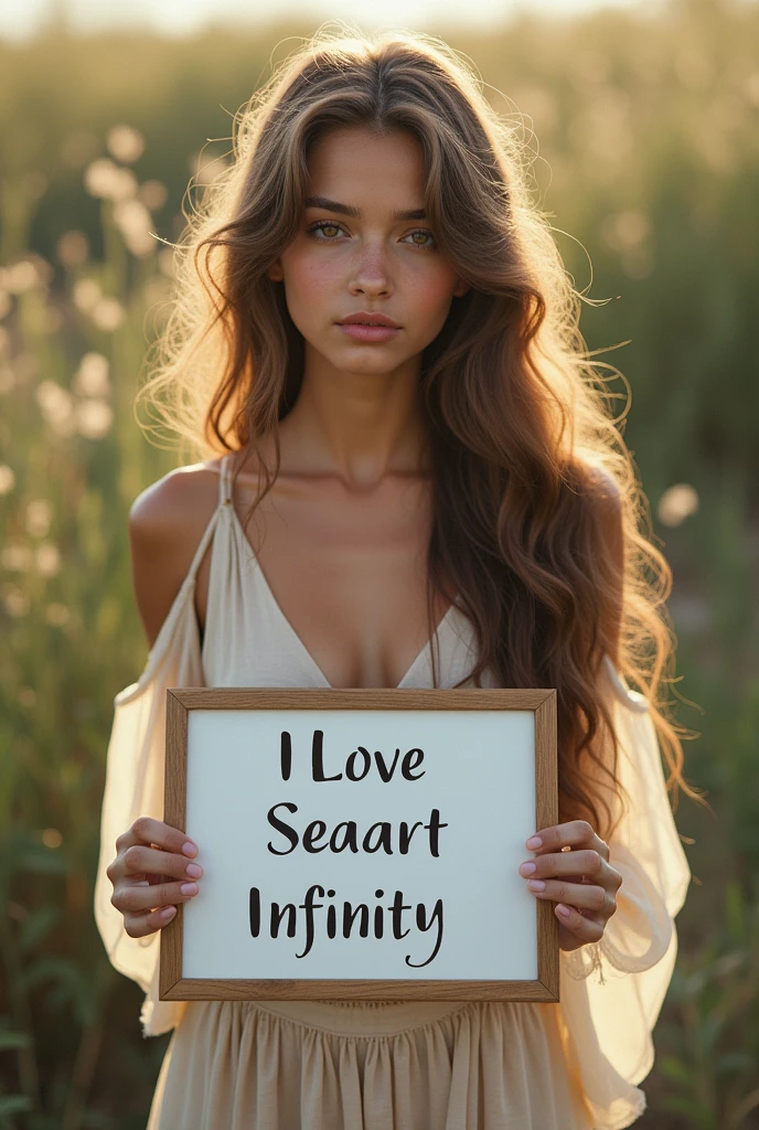 Beautiful girl with wavy long hair, bohemian dress, holding a white board with text "I Love Seaart Infinity" and showing it to the viewer