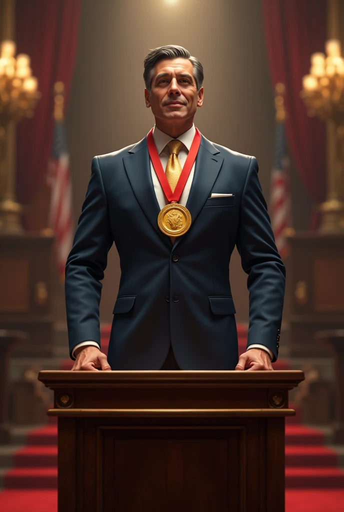 Create a politician with a gold medal on the podium