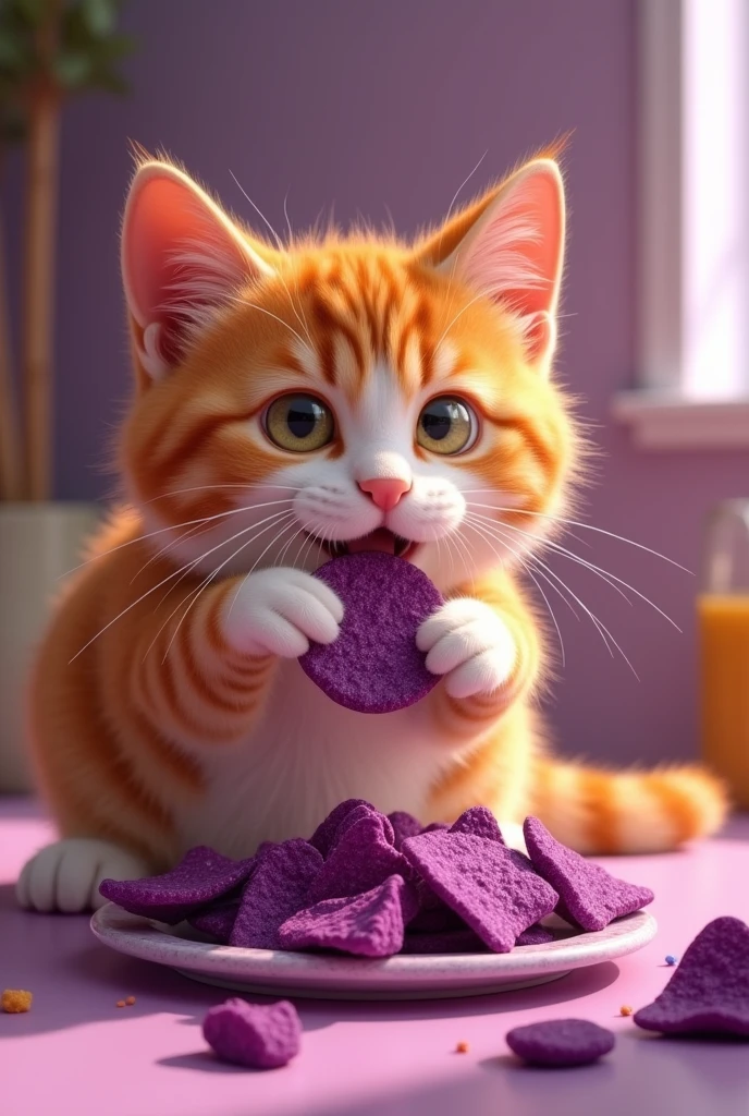 Orange cat eating purple takis