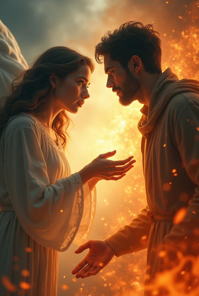 A woman about 22 years old in heaven trying to touch the hand of a young man of the same age with tearful eyes. The woman forgives him with her gaze. The man is in hell.