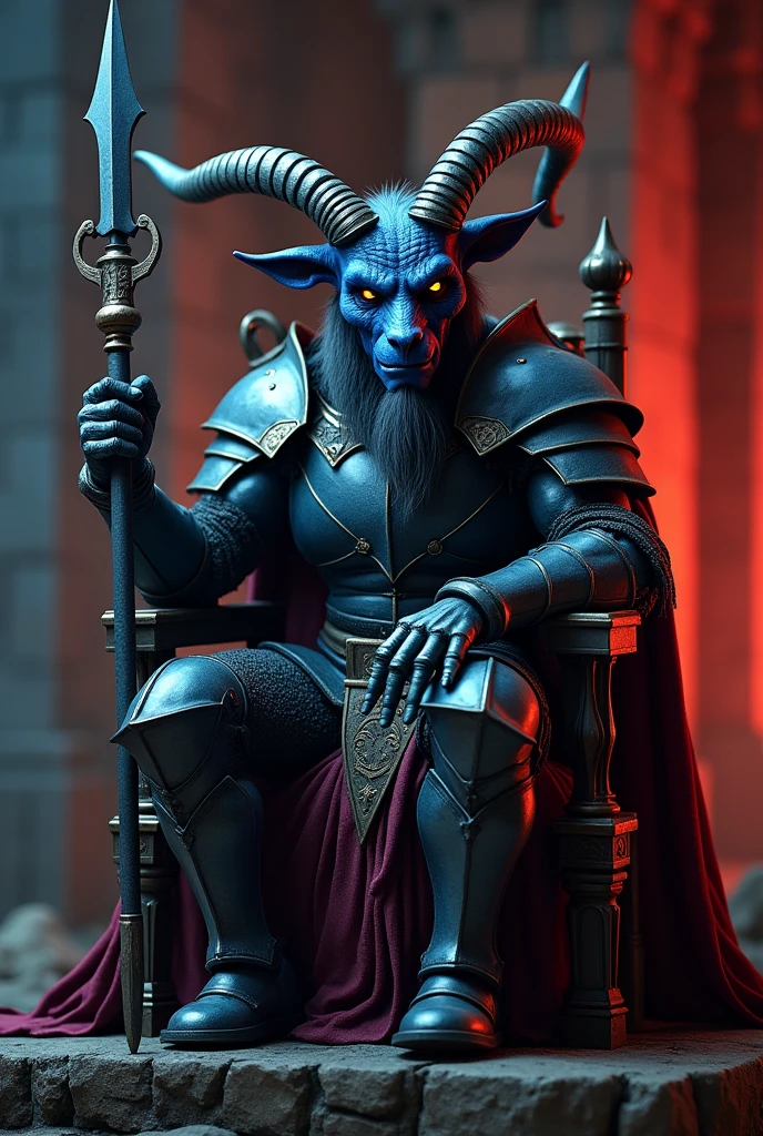primal giant scary evil blue goat demon in armor sitting on a throne holding medieval weapon in a dark castle background looking at you close up from the side