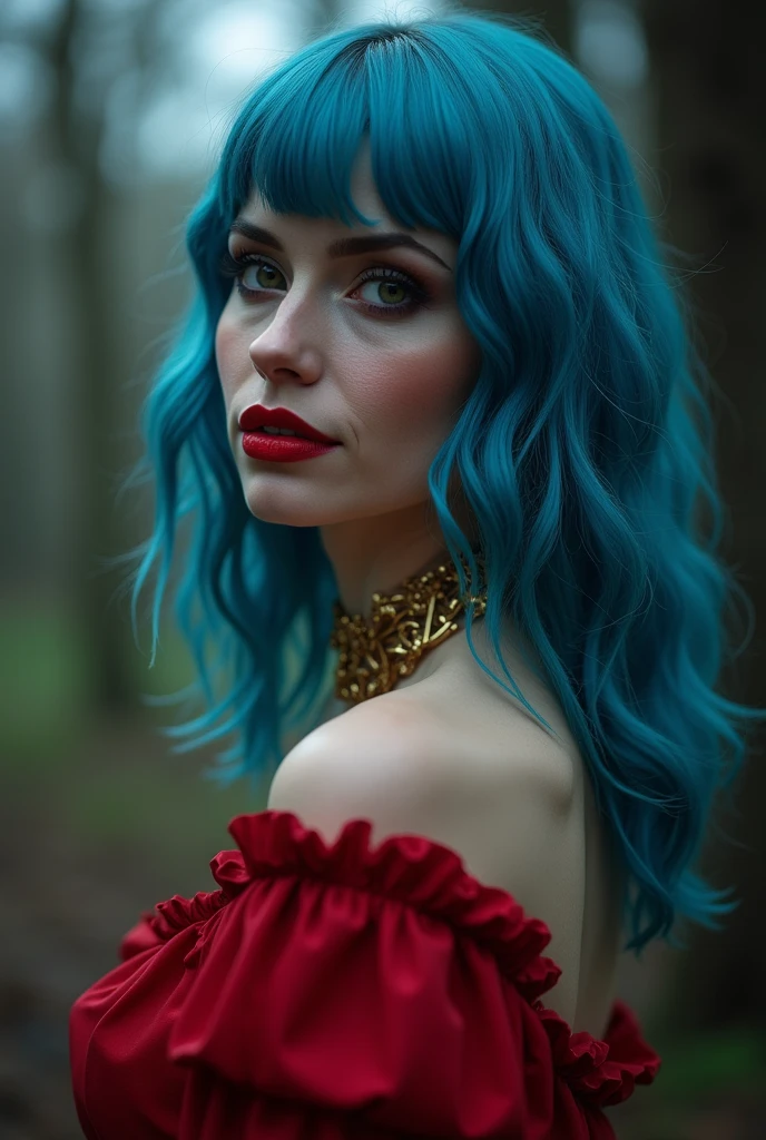 Extremely specific 4K photography of a woman with Chanel blue hair, black eyes, seductive gaze and soft smile, red lipstick on her lips, golden accessories, wearing a long red dress at horror park, halloween
