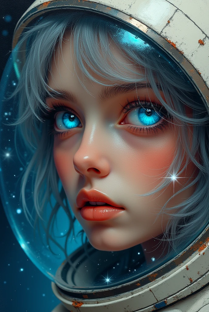 (Close-up of a better masterpiece:1.5)0.9], (Space and astronauts:1.2) (Messy silver hair:1.1) (Heterochromia xanthochromia and blue eyes:1.2) (Space Helmet:1.0) (Colored stars in the eyes:1.0) (A radiant glow:1.1) (thick lips:0.9)