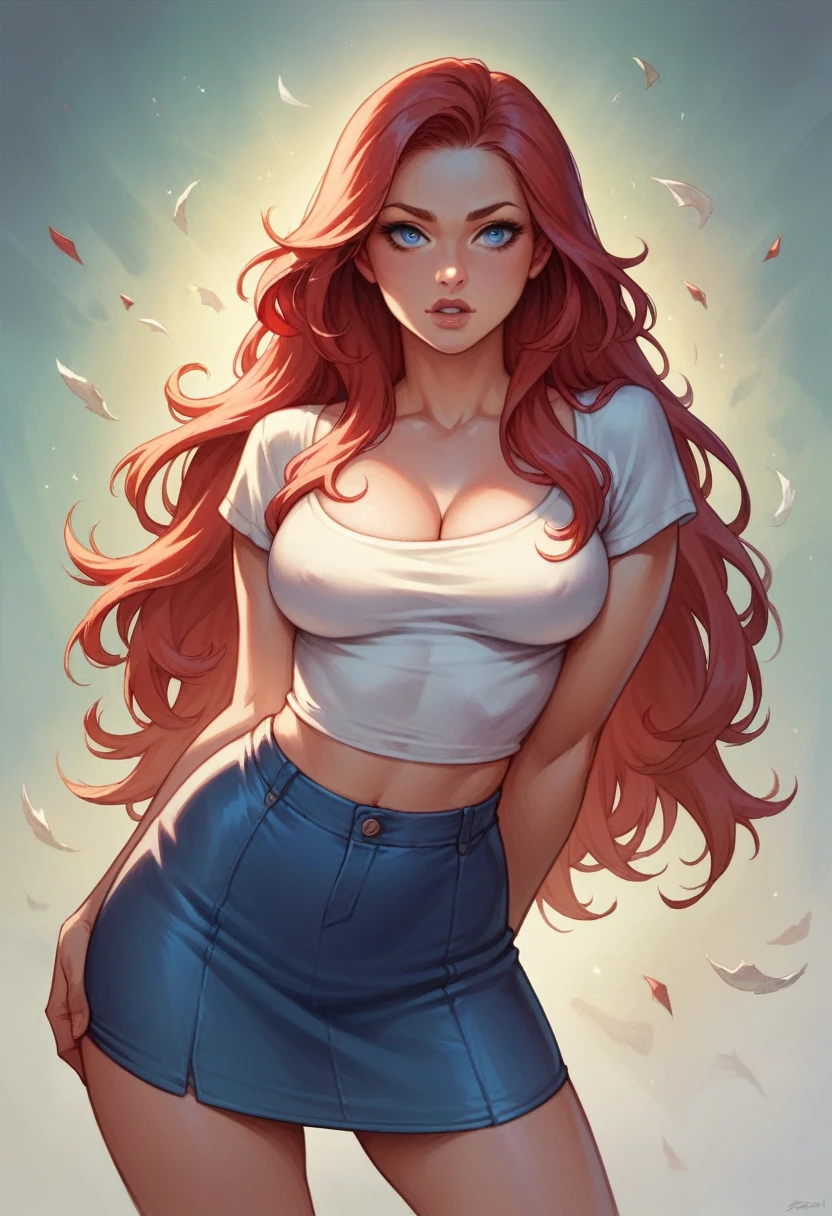 ultra detailed, masterpiece, best quality, 1 girl, long hair, blue eyes, red hair, big tits, detailed, lips,, short skirt