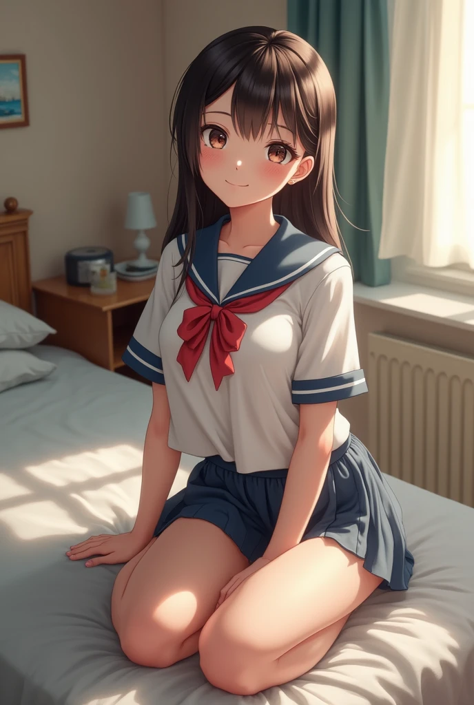 indoor, bedroom, sitting on bed:1.1, ((W sitting)), , long hair, brown hair, brown eyes, (perfect skin, realistic skin), seifuku, white shirt, white socks, white panty, fine fabric emphasis, sexy:1.1, smile, blush:1.2,  TakagiSanFirstStyle, (master piece:1.4, best quality:1.4, intricate details, highres, 8K, 4K, UHD, Ultra Detailed 8K CG, ultra high res, High quality texture, High quality shadow, HDR), nsfw