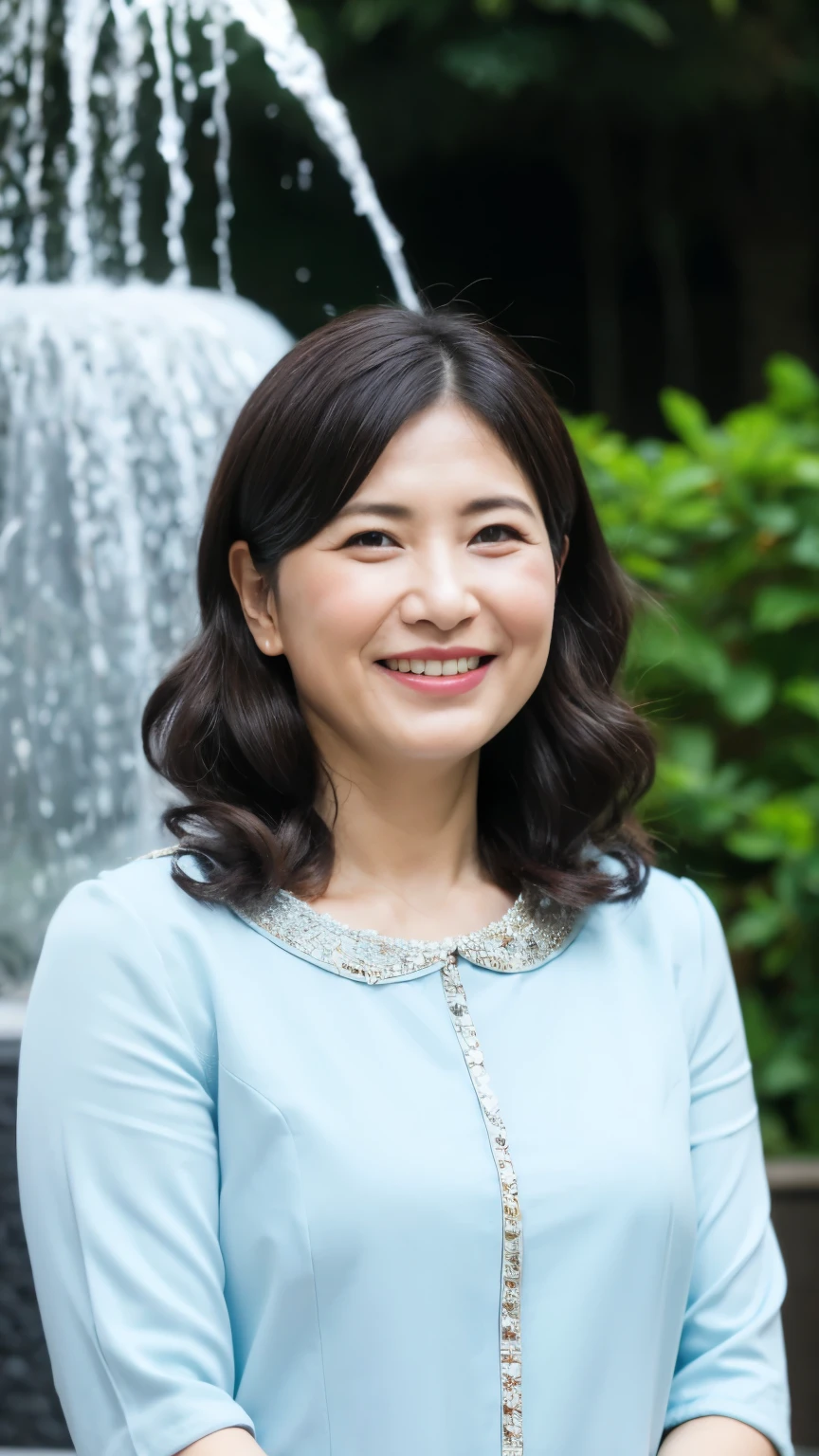 最high quality, In 8K, whole body, Real, Upper Body, high quality, High resolution, Detailed face, Detailed eyes, Thick lips, (Look at the viewers), alone, Middle-aged women, , 60 years old, , Wavy Hair, , Wearing short sleeves, Standing in front of a fountain, Wrinkles around the eyes, Smiling with teeth showing, Background Blur