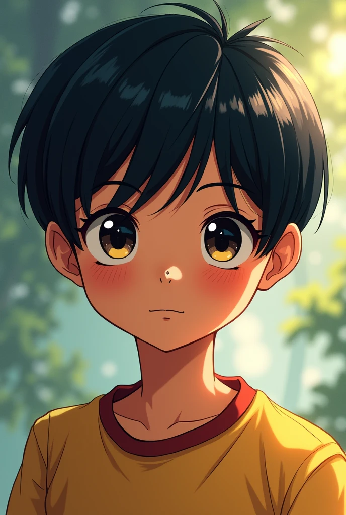 Brown skinned boy with straight black hair and a mole on the side of his nose, anime style