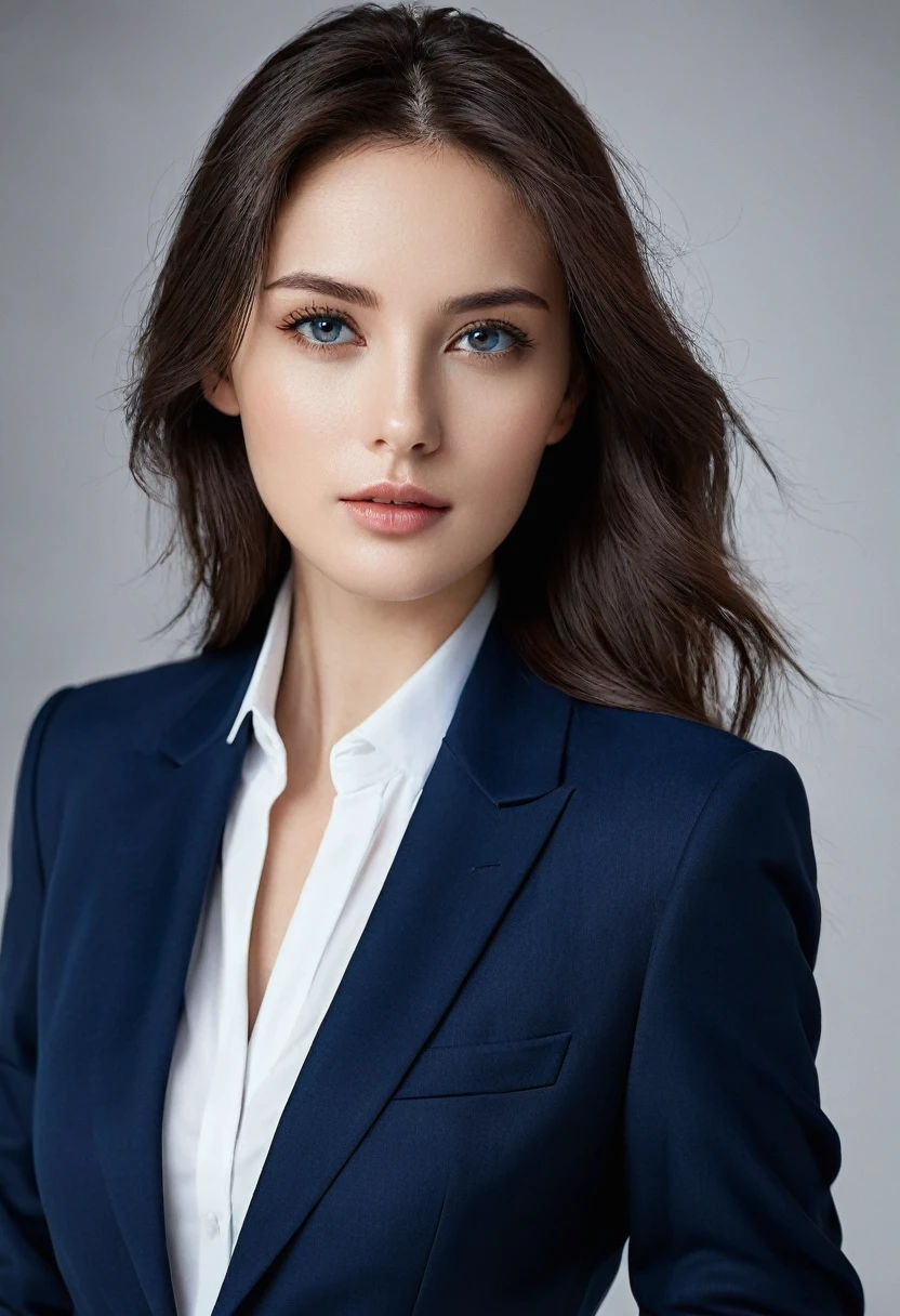  women,model face, so white,dark brown eyes, smooth brown hair, blue,by the wide,fine black suit