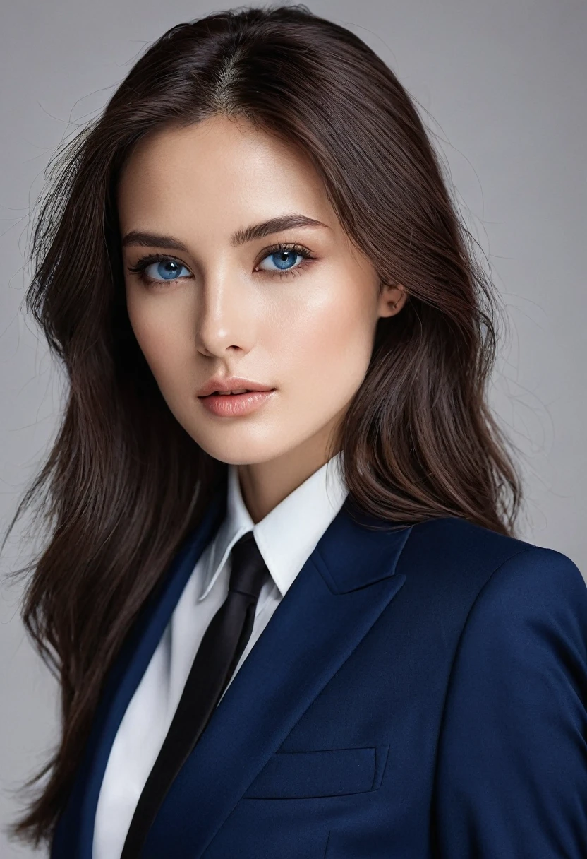  women,model face, so white,dark brown eyes, smooth brown hair, blue,by the wide,fine black suit
