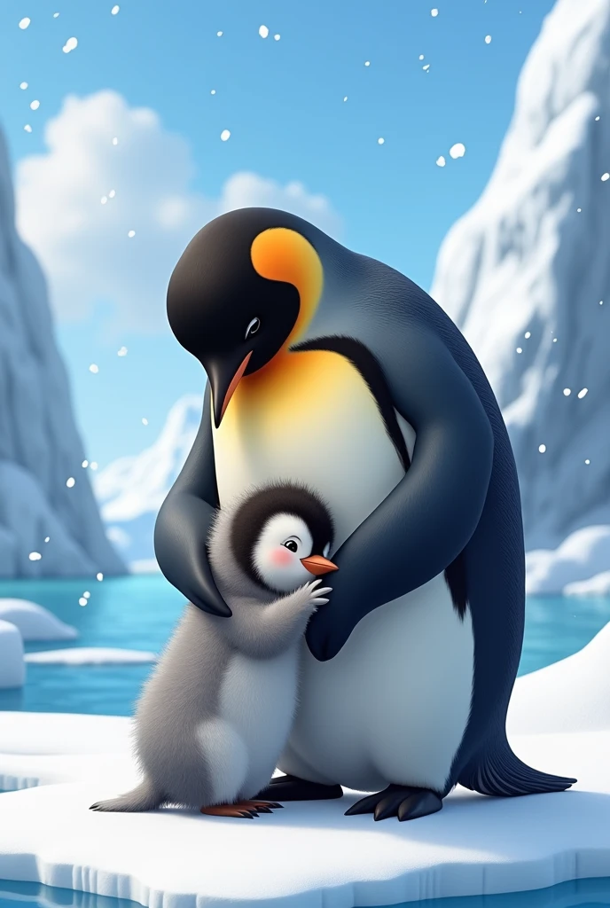 An animated image of a little penguin showing love and hugging a little chick Something a little more masculine