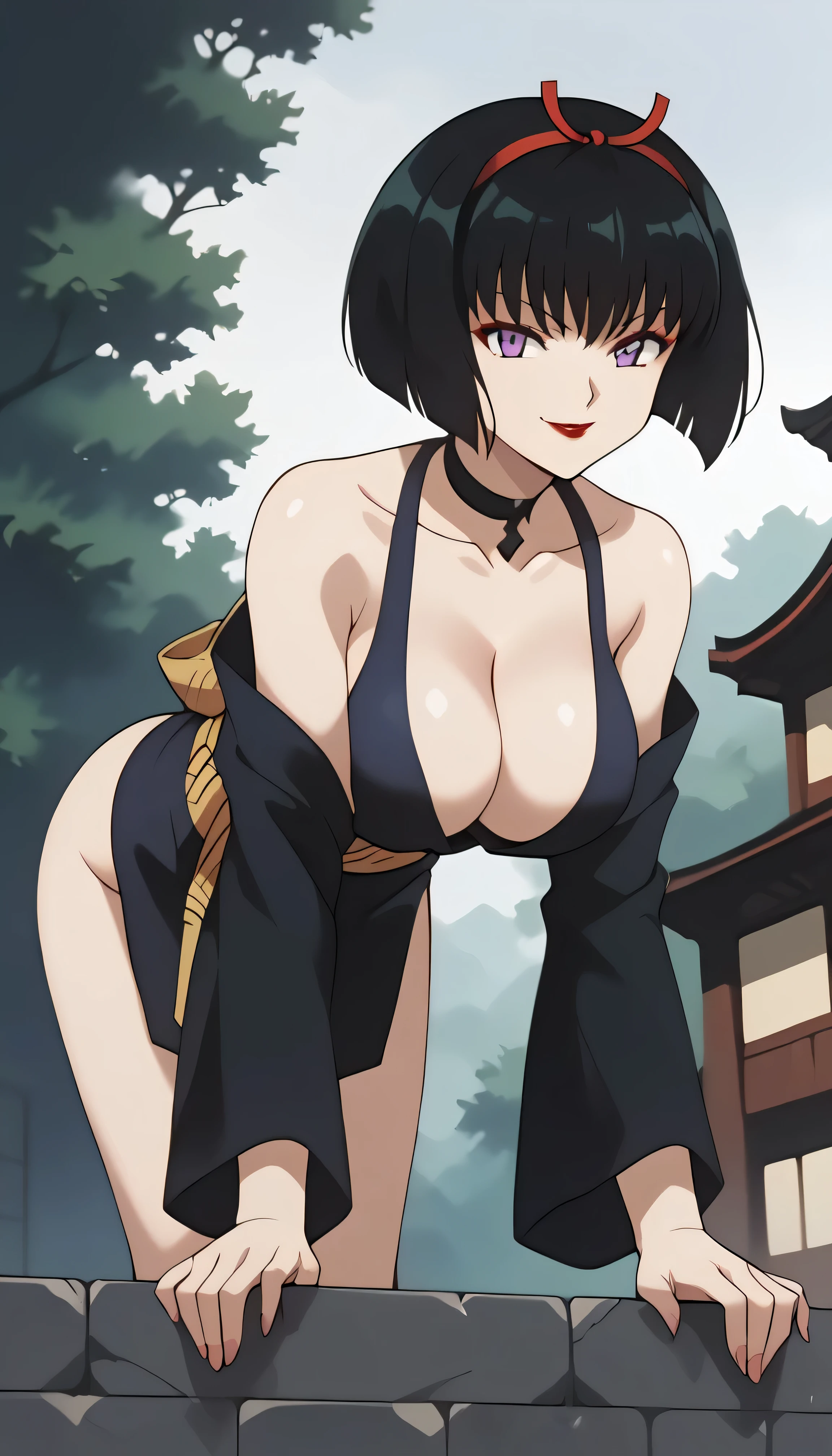score_9, score_8_superior, score_7_superior, sauce_anime, Highest quality, masterpiece, evaluation_Explicit, No correction, break, SAKASAGAMINOYURA, One girl, Large Breasts, Cleavage, Black Hair, hair band, Bob_cut, Purple eyes, choker, No sleeve, Short kimono, Red lips, Outdoor, Leaning forward,two hands,Two legs,five fingers,evil background,, Wicked Smile, devilish aura (Shiny fabric:1.5),Dark world background,solo,feet,most evil Smirk,solo,most evil Smile
