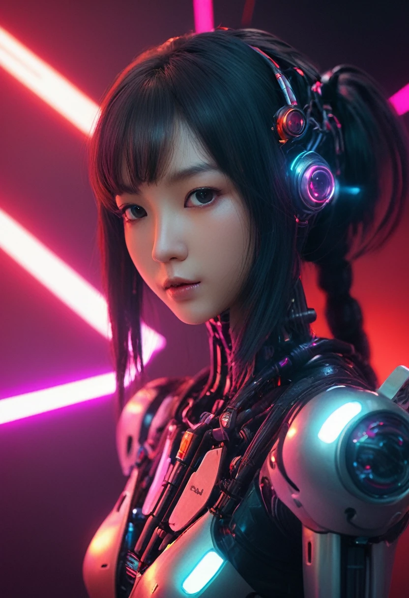 xxmixgirl. Highly detailed professional 35mm film, bokeh, face in sharp focus. A robotic female, Miku, with ((metal skin)), ((perfect Asian eyes)) with magenta irises and ((black pupils)), beautiful serious (detailed face), 18 year old ((photorealistic face)), very long magenta twin tails of magenta hair, twin black hair ties with a single red stripe. She may have a black audio headpiece. We can see her ((full body)) down to her boot soles. Her outfit is a sleeveless collared light grey shirt, outlined in red around the frilled collar and hems. Shiny reflective ((metallic breast cups, dimpleless)), invisible nipples. She wears black sleeves with red hems that start around her upper arm and bellow out as the sleeves open and extend to her wrists, with wide trumpet red rimmed cuffs. She has perfect robotic (detailed hands). She wears a red colored tie with two horizontal solid parallel black lines halfway across. She wears a fabric black skirt with a horizontal red hem at the bottom all the way around; her (((black skirt wraps around her))) and ((her skirt completely covers)) her robotic waist and thighs. Tall black boots with red bottom soles, a red rim around the top at her thighs. Her mechanical shoulder joints are visible. We can see her robotic legs and robotic neck. Half of her is covered with shiny polished machinery. The background is a distant dark neon futuristic Japanese city, gold, cyan, violet neon, near harbor or mountains.