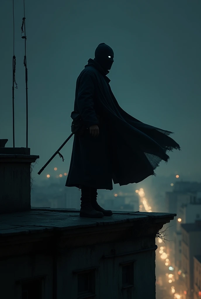 Create an image of a nocturnal vigilante, a solitary man patrolling an urban city. He stands atop an old building, with the city stretching out below, filled with lights and shadows. He wears a long black overcoat that flows discreetly in the wind. His mask is simple and functional, covering only the upper half of his face, but revealing his watchful eyes. Instead of traditional weapons, he carries a retractable cane in one hand, which can also be used as a tool. His belt isn’t for gadgets, but to store small tools and safety equipment, like ropes and flashlights. The scene is dark, illuminated only by the faint light of street lamps and distant windows, creating an atmosphere of mystery and tension, where the vigilante seems to be part of the very shadows that surround him.