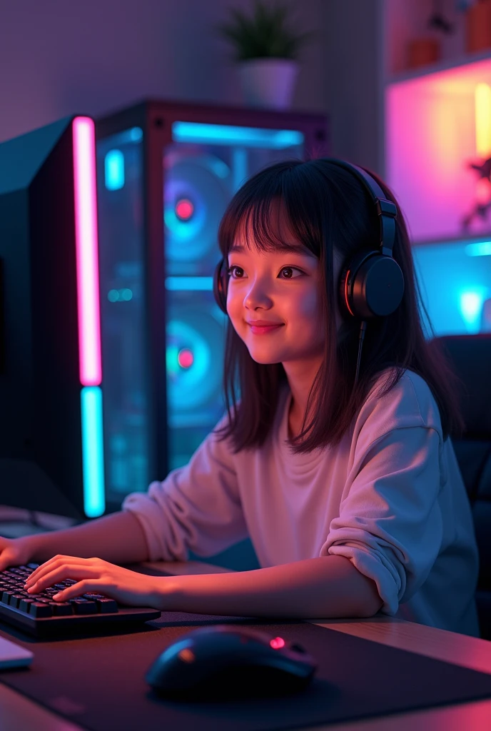A very happy gamer girl with straight hair, not so fed up with a gaming PC