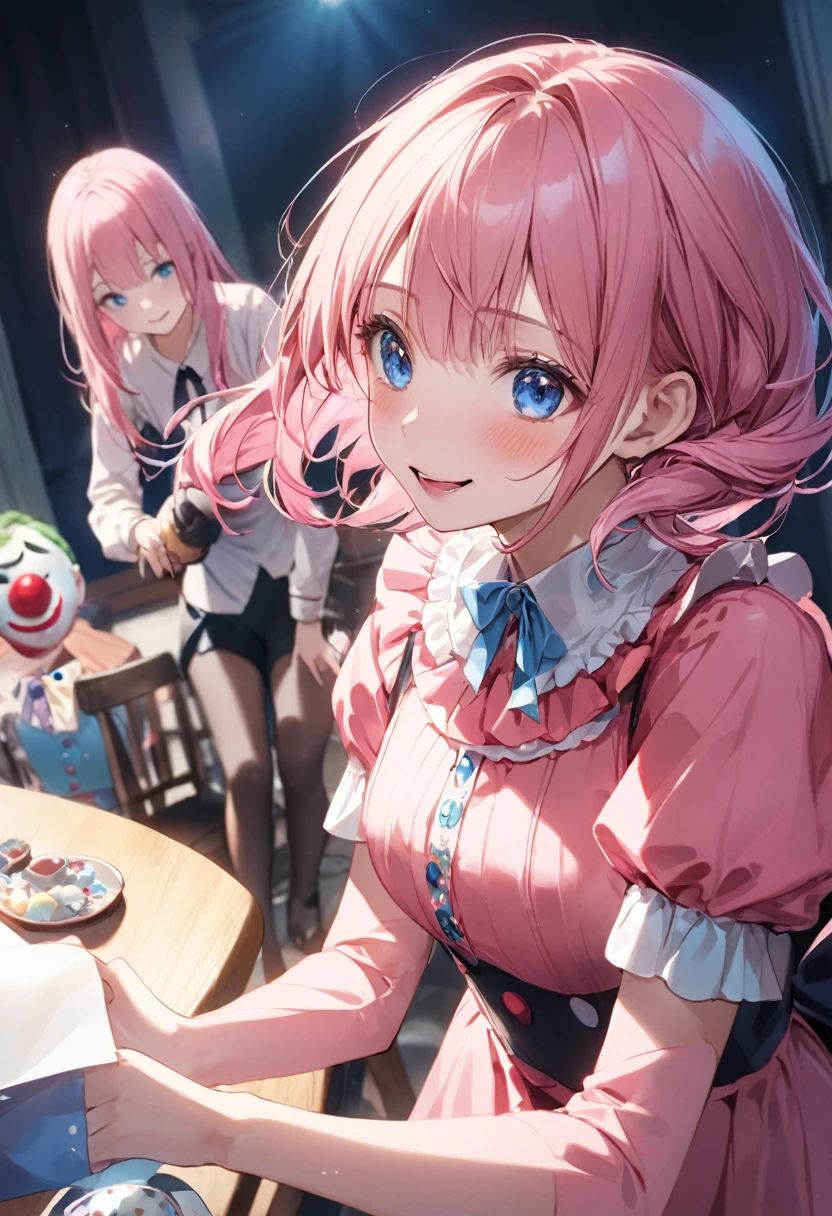 closeup, retro barbershop,two people, (a standing mature curly hair woman with apron holds a comb), combing, girl in white cloth, sitting on swivel stool, window, mirror, faded red brick wall,high quality, masterpiece,mlppinkie, long pink hair, blue eyes, looking excited, happy, blush,