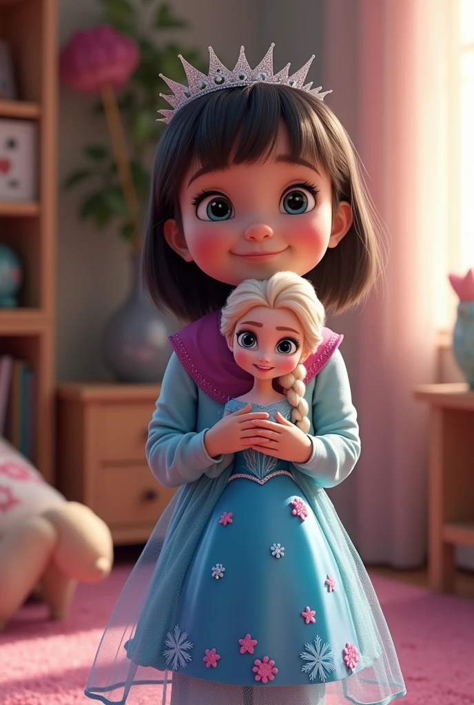 A 4-year-old girl with straight, dark hair wearing a Pixar outfit from the movie Frozen and holding an Elsa doll in her hand