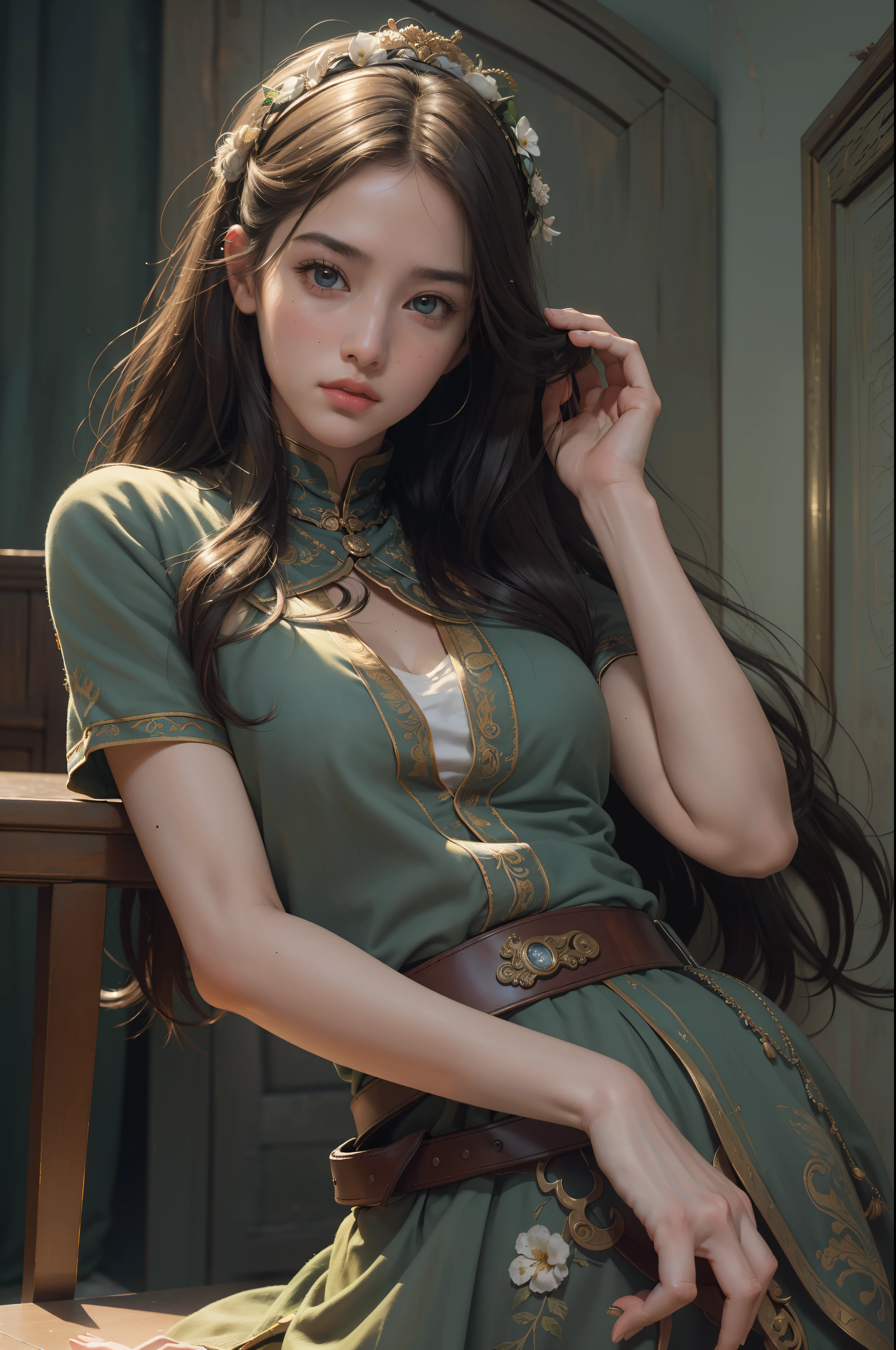 (RAW photo, best quality), (realistic, photo-realistic:1.3),best quality,highly detailed,masterpiece,ultra-detailed,illustration,1girl,upper_body,dynamic angle,world masterpiece theater,messy_long_hair,best quality,extremely detailed CG unity 8k wallpaper,ink,Amazing,cinematic lighting,lens_flare,,dunhuang_style
