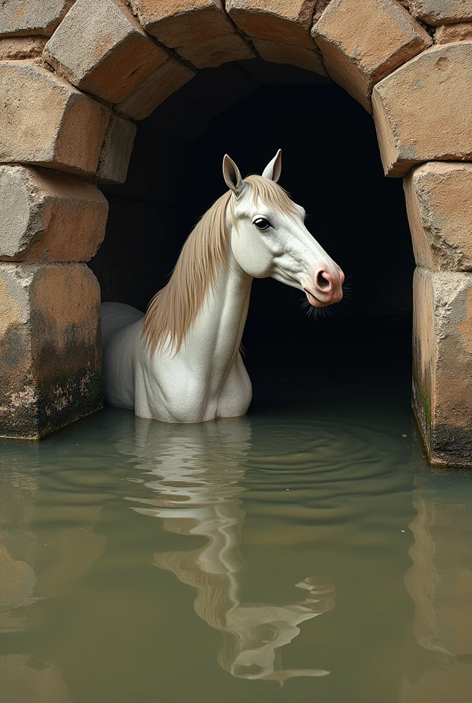 horse in a carving submerged by the flood