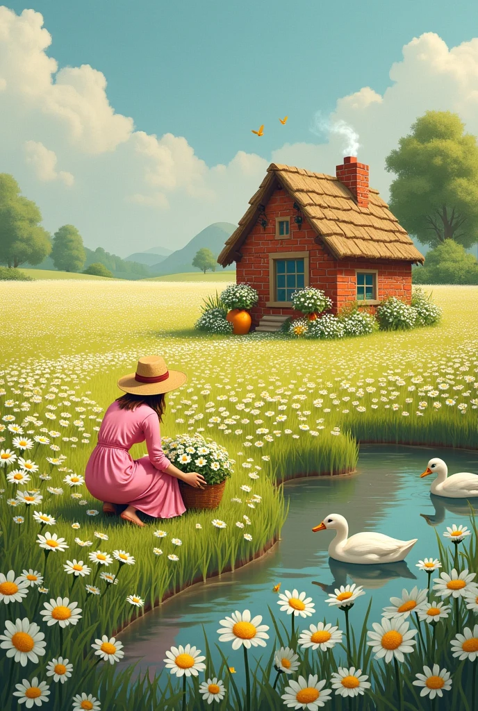 Image Description:
General Scenario:
A vast field covered in white and yellow daisies, creating a colorful carpet of flowers.
No fundo, a simple and charming little house, built with visible bricks. The little house has a thatched roof or ceramic tiles.. From the chimney of the house, a small column of smoke comes out, indicating that there is a fire burning inside.
The Little House:
The little house is small, with a rustic and cozy appearance. The walls are made of red bricks, and the chimney is located on one side of the roof.
The window has simple curtains and there are flowers in vases next to the window..
The Peasant Woman:
A peasant woman is picking flowers in the field. She is wearing a pink dress, simple and elegant. The dress has a fitted waist and an ankle-length.. She wears a straw hat to protect herself from the sun..
The peasant woman is crouching or standing, with a bouquet of daisies in one hand and, Perhaps, a basket on the side.
The Lake and Geese:
A calm and clear lake is located near the little house.. The lake is surrounded by lush green grass.
Some geese are swimming in the lake or wandering around the shores.
A Grama:
The ground around the little house and the lake is covered in vibrant green grass.. Small details such as insects or butterflies can be present to give an extra touch of life..