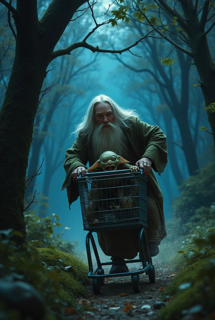 I would like to create an image of Gandalf running while pushing a shopping cart with Gollum inside, They both find the game very fun., as if they were immature, They are at night in a forest, and a security camera takes a photo of them by surprise, without them seeing the camera