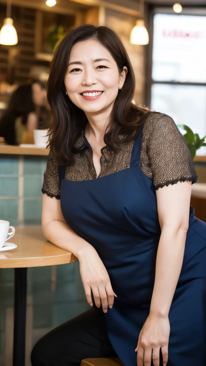 8k wallpaper, masterpiece, Highest quality, Very detailed, One Mature Woman, 50 years old, Become very clear, Wearing a spring-like shirt, Skin dents, Captivating smile, Looking at the audience, , Plump, Curvaceous, Attractive face, Smiling with teeth showing, I was happy, sitting in a cafe, Background Blur
