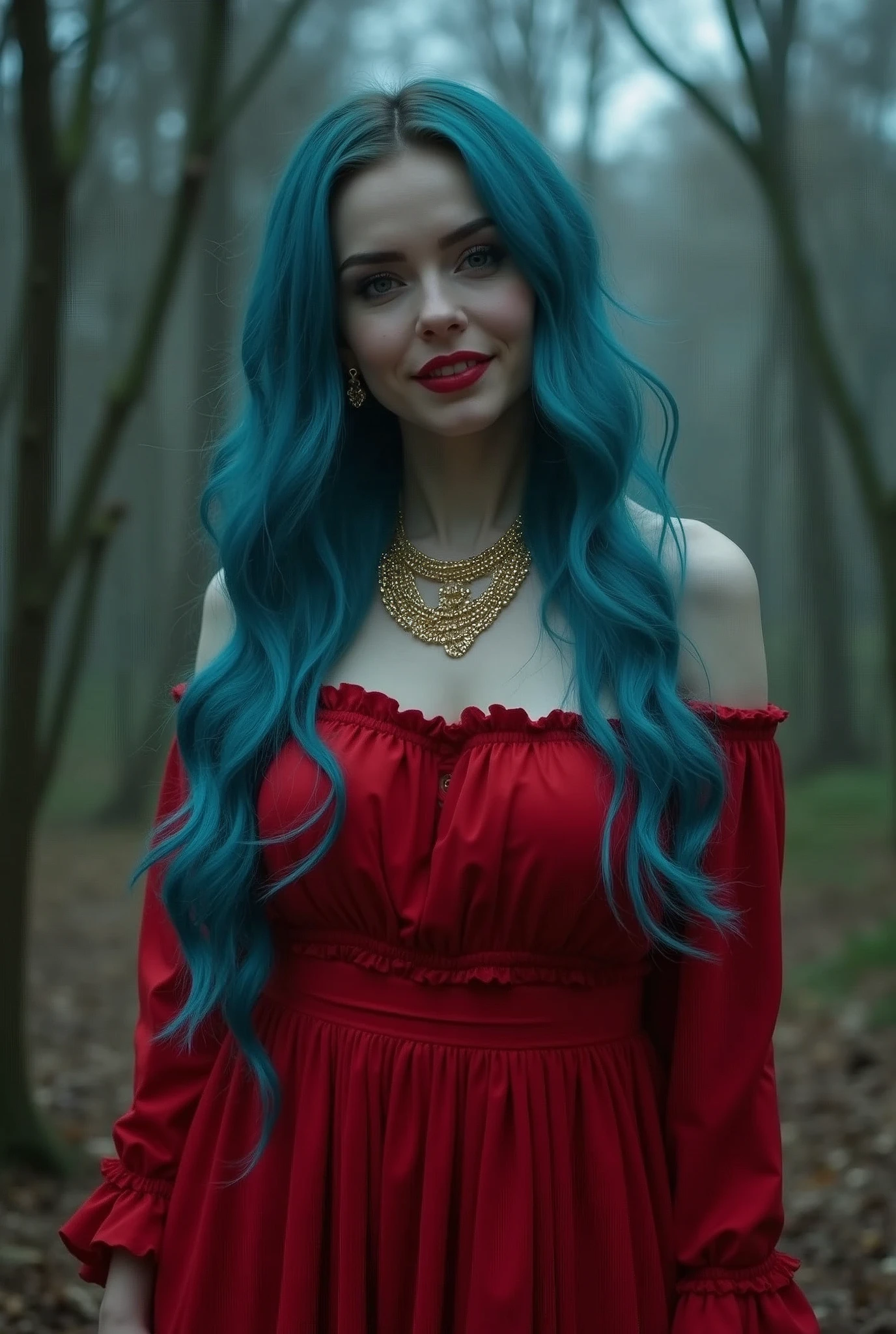 Extremely specific 4K photograph of a woman with Chanel blue hair, eyes black, seductive look and soft smile, red lipstick on the lips, golden accessories, wearing a long red dress in the horror park, halloween