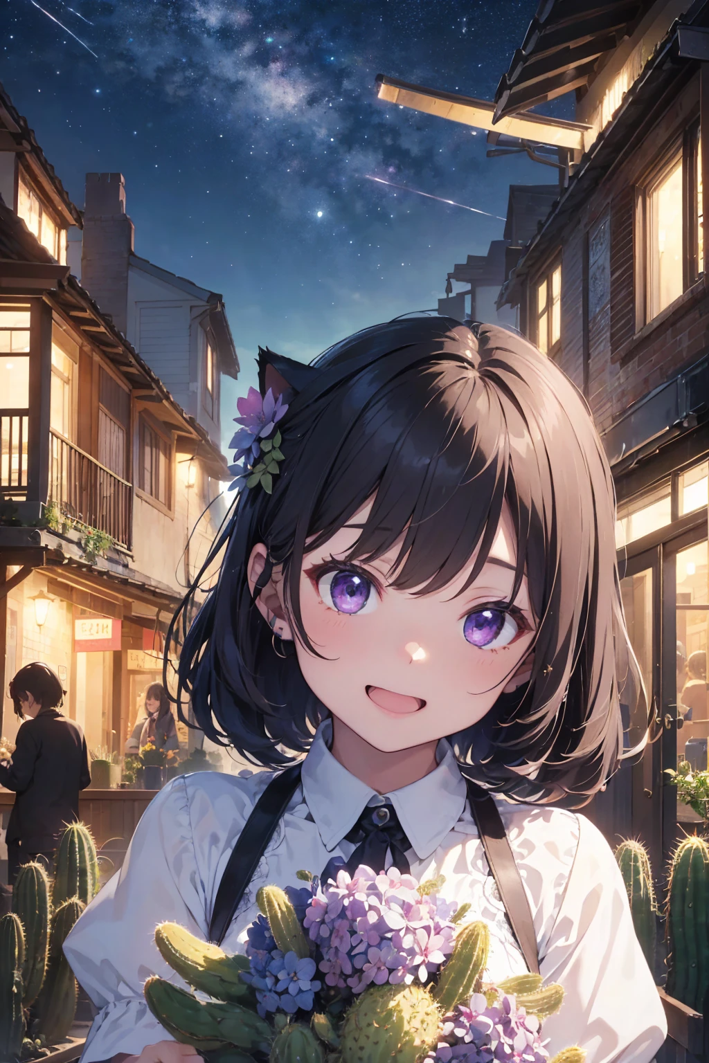 masterpiece,
Highest quality, Very detailed, Realistic,
Very delicate and beautiful,
succulent garden,
Written boundary depth,
Professional Lighting,Many big bouquets、Gray Hair、lilac hair eyes、Laughter、、Cat ear、Long sideburns、cactus flower hair ornament、Holding a bouquet、hair that hides human ears、Night view