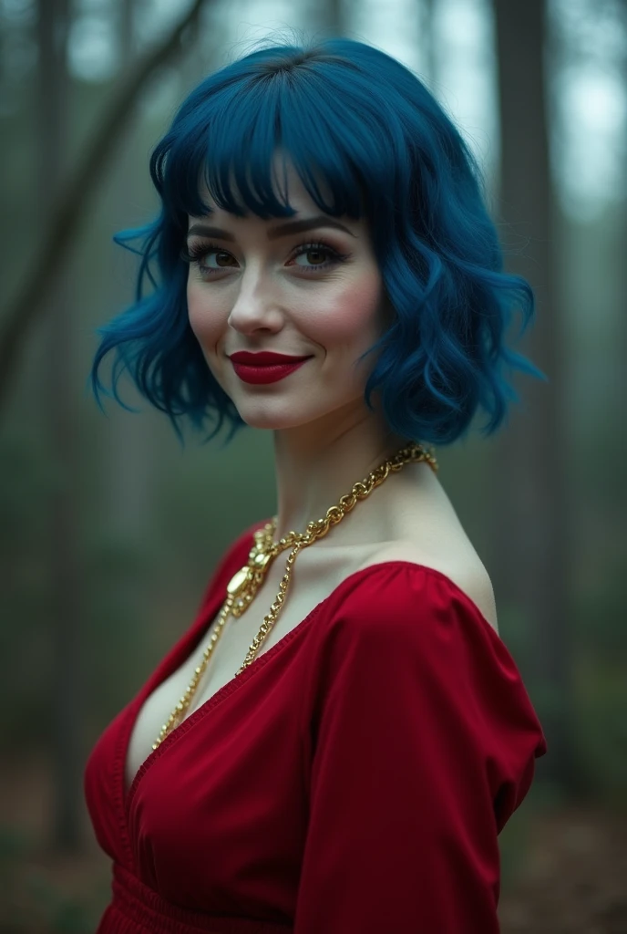 Extremely specific 4K photograph of a woman with Chanel blue hair, eyes black, seductive look and soft smile, red lipstick on the lips, golden accessories, wearing a long red dress in the horror park, halloween