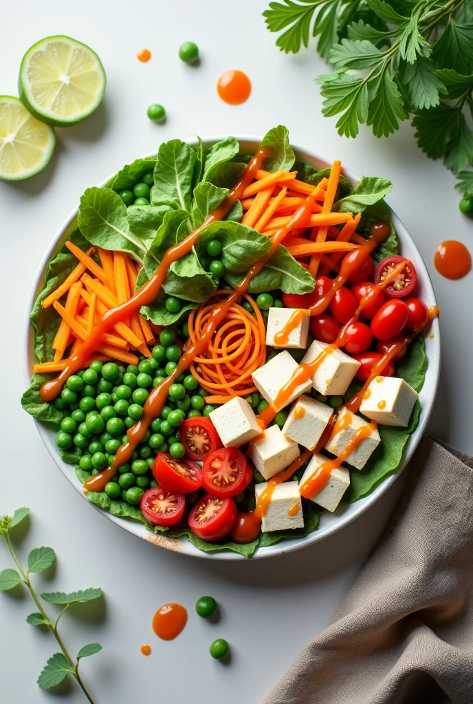 Photo realistic plate with peas Accompaniment of carrot, tomato, lettuce, tofu and a sour sauce. It looks delicious and the photo taken from above shows the whole pla