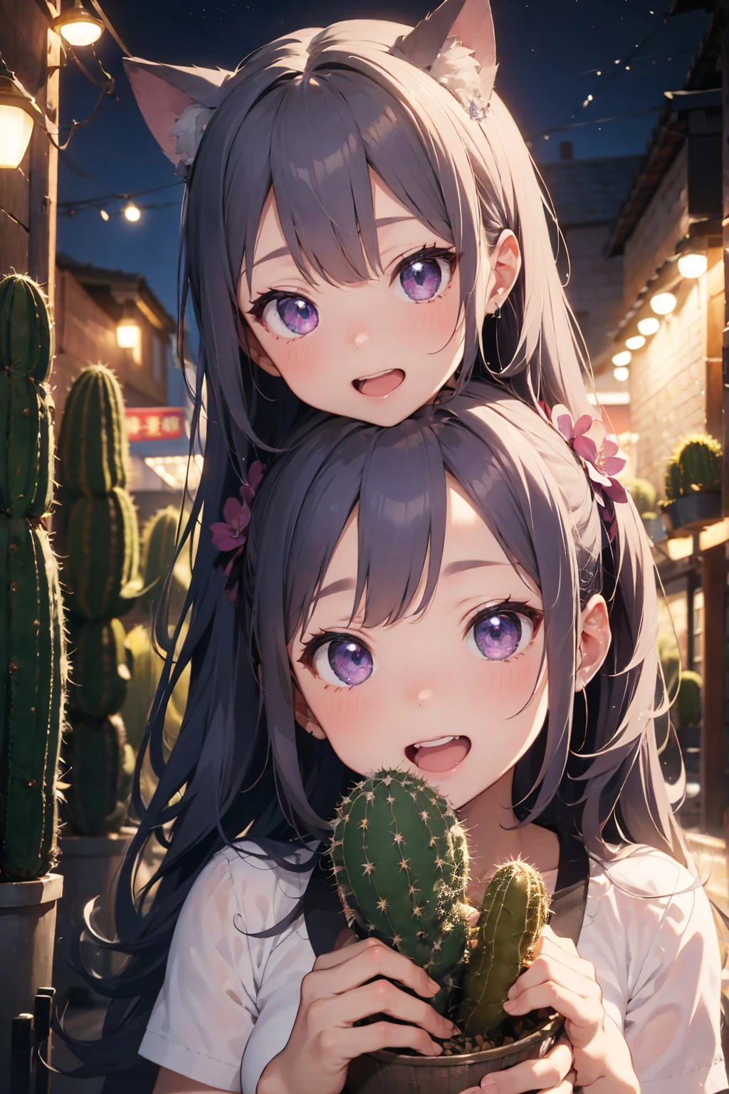 masterpiece, 
Highest quality, Very detailed, Realistic, 
Very delicate and beautiful, 
succulent garden, 
Written boundary depth, 
Professional Lighting,Many big bouquets、Gray Hair、lilac hair eyes、Laughter、、Cat ear、Long sideburns、cactus flower hair ornament、Holding a bouquet、hair that hides human ears、Night view