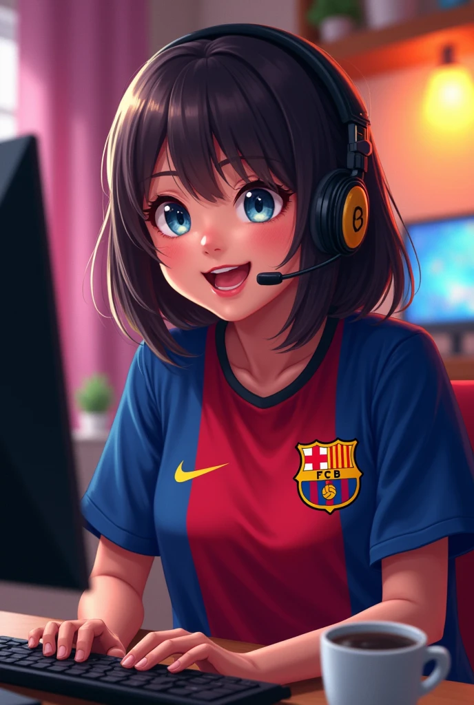 A very happy gamer girl with straight hair, not so fed up, wearing a Barcelona shirt