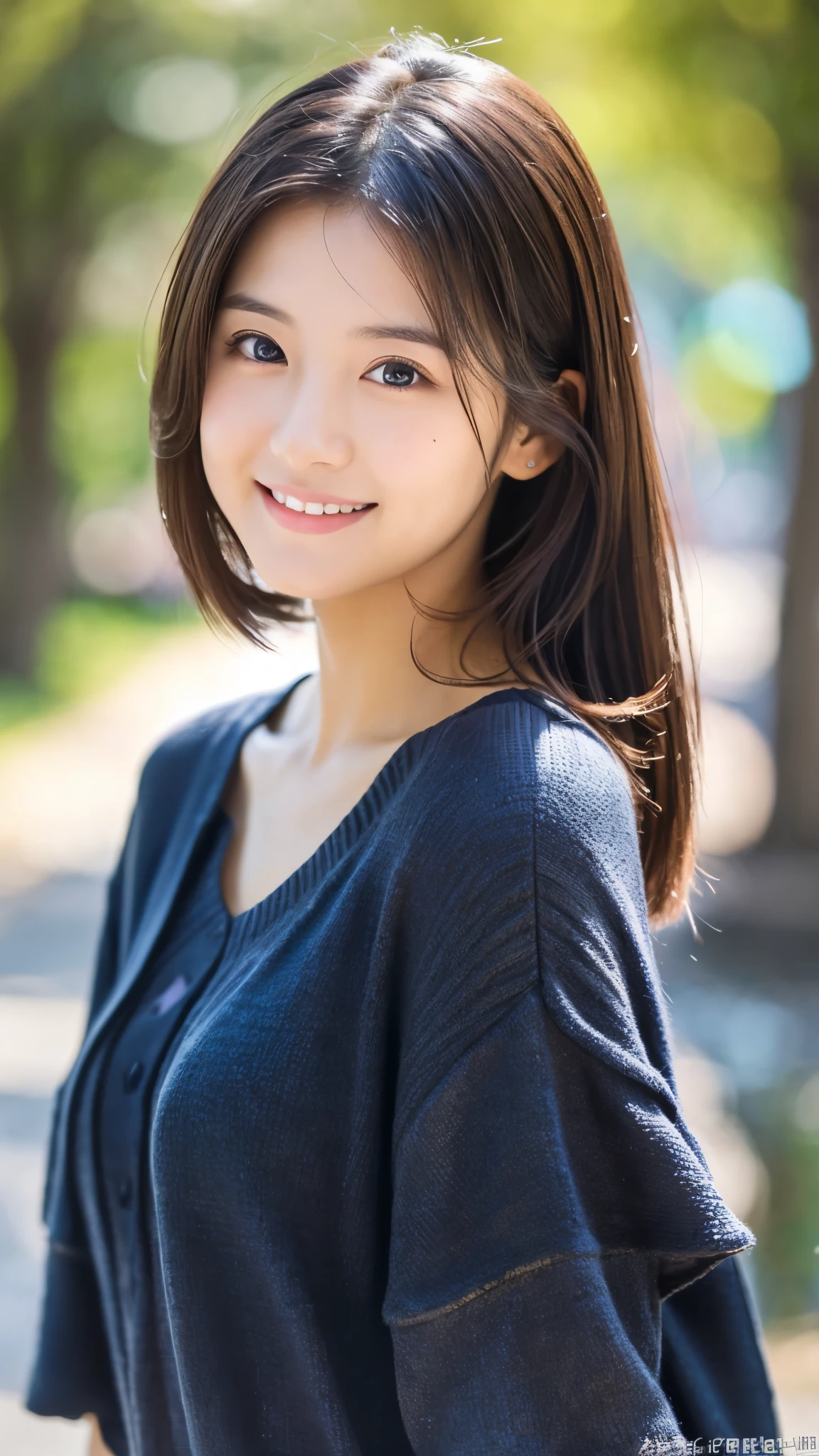 Image resolution 8K, masterpiece:1.3), Beauty, 1girl, (Attractive body:1.2), abdomen:1.1, Dark Brown Hair:1.1, (body:1.2), Ultra-detailed face, Attractive lips, double eyelid, casual clothes, Super realistic and detailed and super cute, Japanese women, 10th generation(18-year-old), Smiling with a nice smile, Hair fluttering in the wind,