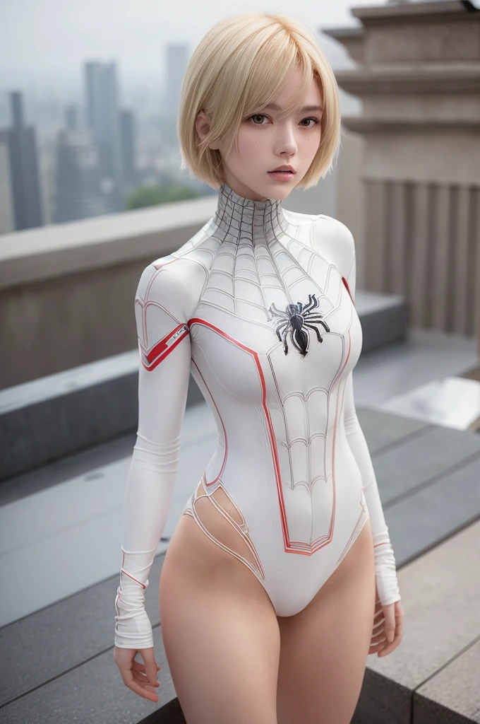 18 yo girl, white spider man suit, short blunt hair, blonde, beautiful face, rain, roof, masterpiece, intricate detail, perfect anatomy, redhead, photo realistic