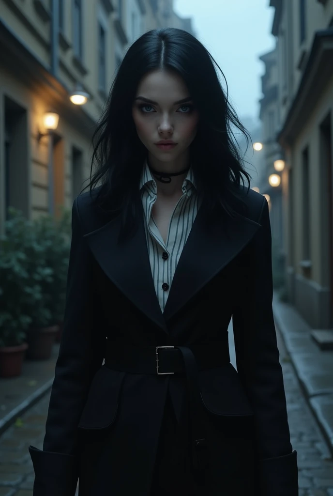 create a female vampire character with black hair, dams inside, a smirk, slanted and blue eyes, pale skin, with an overcoat, walking down a poorly lit street