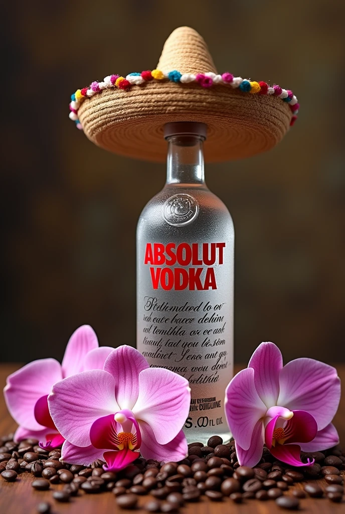 bottle of absolut vodka with a sombrero on poncho coffee beans and orchids