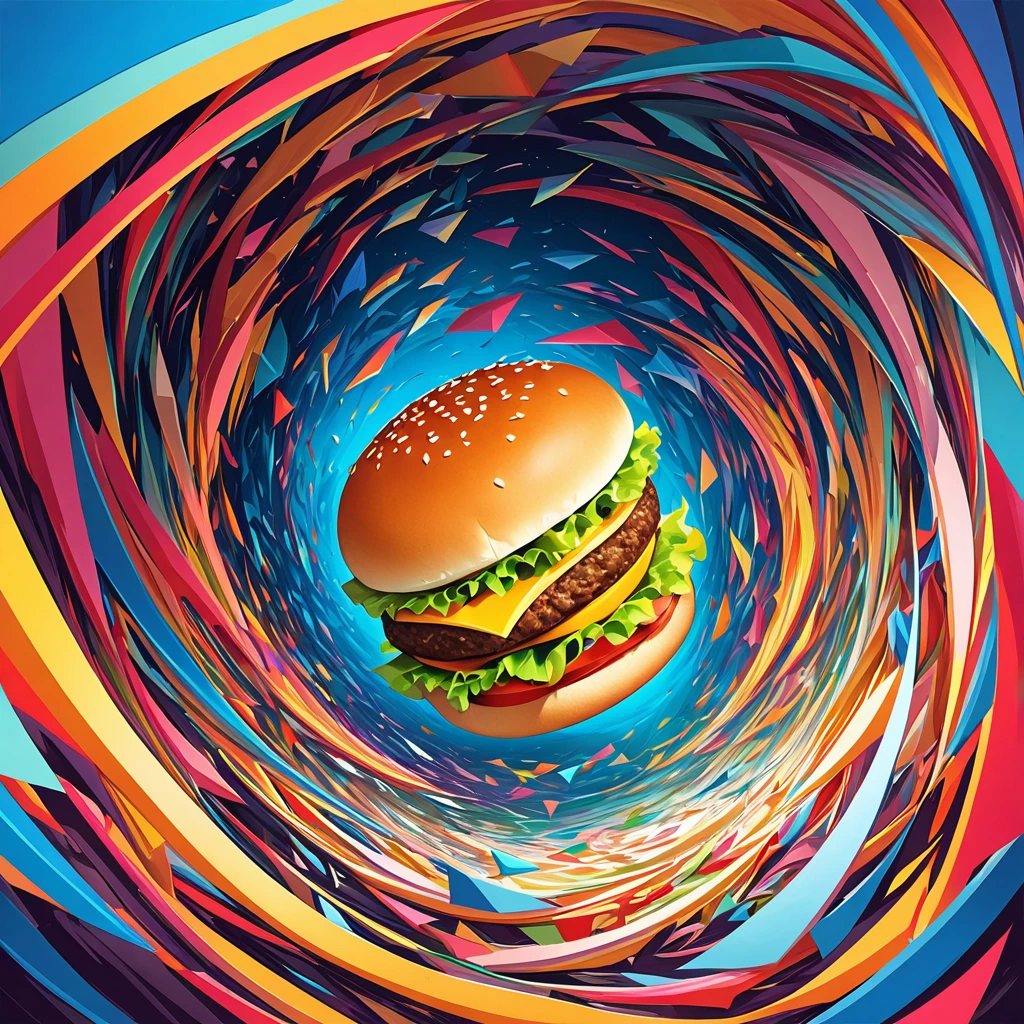 "Visualize an interpretation of a hamburger. Break down the shape of the hamburger into geometric shapes and fragmented planes, To capture its movement and energy in a unique and abstract way. Incorporate bold colors and sharp angles, to convey a feeling of movement and tension. Play with perspective and layering, to create a multidimensional composition, which questions traditional notions of space and form. Be inspired by the avant-garde spirit of surreal realism and see nature in a fresh and innovative light.. Unleash your creativity, as you bring this imaginative scene to life on the screen