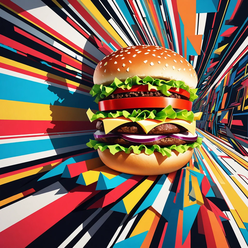 "Visualize an interpretation of a hamburger. Break down the shape of the hamburger into geometric shapes and fragmented planes, To capture its movement and energy in a unique and abstract way. Incorporate bold colors and sharp angles, to convey a feeling of movement and tension. Play with perspective and layering, to create a multidimensional composition, which questions traditional notions of space and form. Be inspired by the avant-garde spirit of surreal realism and see nature in a fresh and innovative light.. Unleash your creativity, as you bring this imaginative scene to life on the screen 