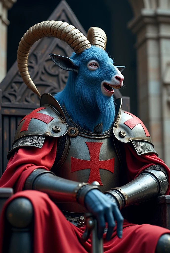 smiling kind blue and red goat god in armor sitting on a throne holding medieval weapon in a dark castle background looking at you close up from the side