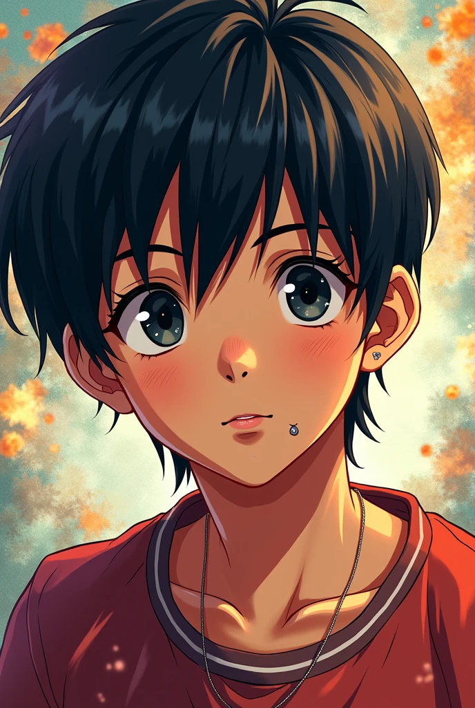 15 year old boy with brown skin color, black eyes, straight black hair and a mole on the side of his nose, anime style